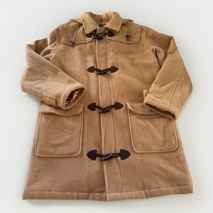 Vintage Scandia Woods Men's‎ Wool Coat Small Camel Toggle Hood Quilted Lined